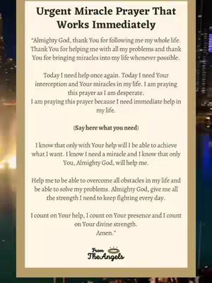 The cover image features a light cream-colored background with a framed section containing a prayer. The text "Urgent Miracle Prayer That Works Immediately" is at the top, followed by the prayer script. Below the prayer, the text "From The Angels" is present. The background showcases city lights.