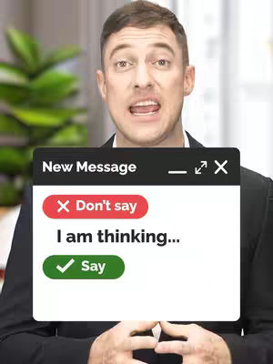 A man in a black blazer with open mouth, pointing to a 'New Message' pop-up. The pop-up displays text with 'Don't say' and 'Say' options. Behind him is a blurred green plant.