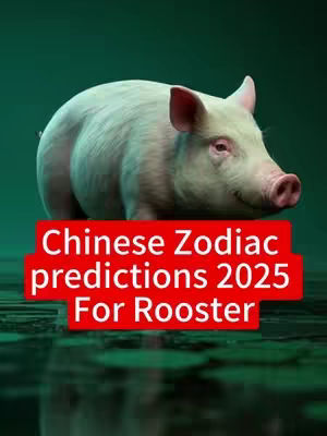 A digital illustration features a light-colored pig standing prominently against a dark green backdrop. The pig is rendered in detail, showcasing its soft, textured fur and distinctive features. Positioned at the lower portion is a red rectangular banner containing white text overlay that reads, "Chinese Zodiac predictions 2025 For Rooster."