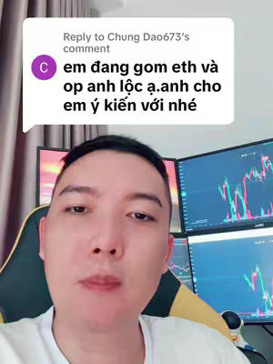 A selfie-style video featuring a man centered in frame, likely giving his opinion on ETH's growth potential in 2025. The setting includes computer monitors displaying financial data graphs.
