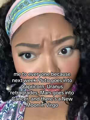 A close-up shot of a woman with dark, curly hair and a pink headband. She's looking directly at the camera with a slightly worried or questioning expression. Text is overlaid, listing astrological events.