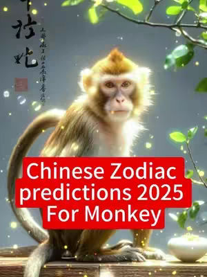 A digital illustration features a monkey against a soft, blurred background of green foliage and bokeh-style light effects. The monkey, central and in sharp focus, appears to be sitting on a wooden surface, with a white bowl nearby and a curved tail. Red rectangular text overlaid on the image boldly proclaims 'Chinese Zodiac predictions 2025 For Monkey'.