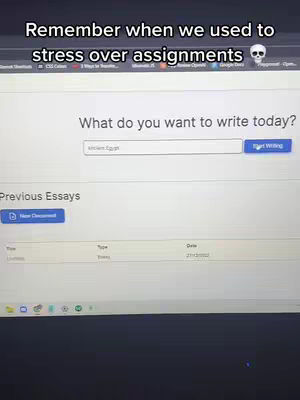 A computer screen displays an essay writing tool. The top of the screen contains the overlay text 'Remember when we used to stress over assignments'. Below is a prompt 'What do you want to write today?' with a text input box showing 'Ancient Egypt' and a 'Start Writing' button. Below the prompt is 'Previous Essays' with a 'New Document' button.