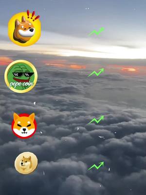 The image depicts a cloudy sky with various cryptocurrency-related icons and green upward-pointing arrows. The layout includes logos for Shiba Inu, Pepe Coin, and Dogecoin arranged against a backdrop of clouds and a gradient of colors from a sunrise.