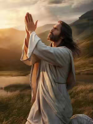 The image depicts a man with a beard in a praying pose, kneeling and looking upwards with his hands clasped together. He is wearing a light-colored robe against a backdrop of mountains and a setting sun, suggesting a scene of reverence and spirituality.