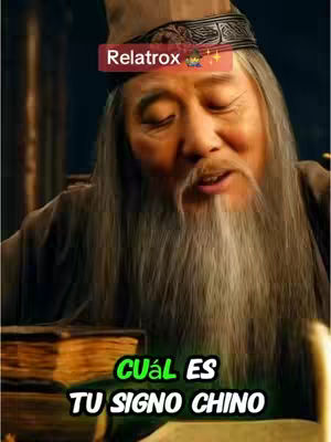 The cover image features an elderly Asian man with a long white beard wearing a brown hat and a dark robe. He appears to be speaking or reciting something, with his eyes closed. The top left corner has a red rectangle with the text 'Relatrox'. At the bottom, the text 'CUÁL ES TU SIGNO CHINO' is displayed in green and white.