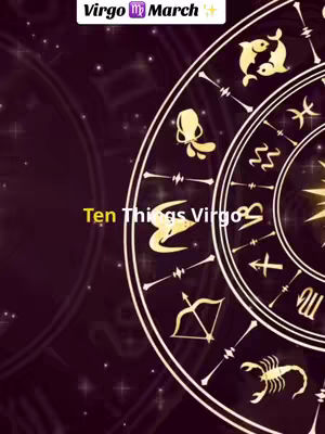 An astrological wheel with gold-colored zodiac symbols and a dark red background. Text overlays indicate the month and zodiac sign.