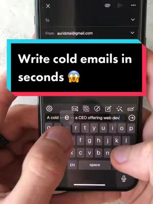 A person's hands hold a smartphone displaying an email composition screen. A text overlay highlights the video's hook, and the keyboard is visible.