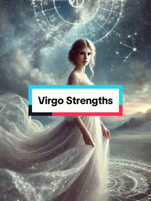 The image features a woman in a long white dress with a flowing veil, standing in front of a mountainous landscape with a starry sky. A text overlay that says 'Virgo Strengths' is placed across the image. A starry design is in the background.