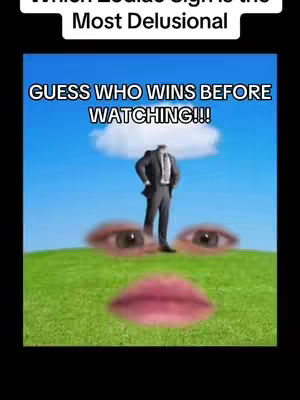 The image showcases a surreal landscape. The foreground features oversized human eyes and a mouth set on a green grassy field. Above, a suited figure with no head stands on the hill. The sky is a clear, bright blue, and a cloud hovers above the headless figure.