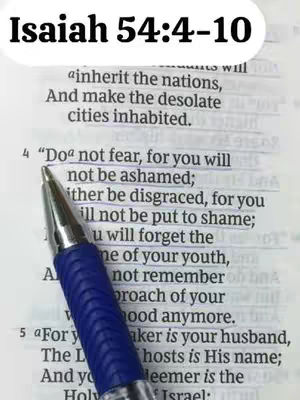 The cover image displays a close-up of a Bible page with a blue pen pointing to a highlighted verse from Isaiah 54:4-10. The text is printed in a classic font with a weathered look. The background of the image is the Bible page. Above the text is a white text overlay with the reference “Isaiah 54:4-10”.