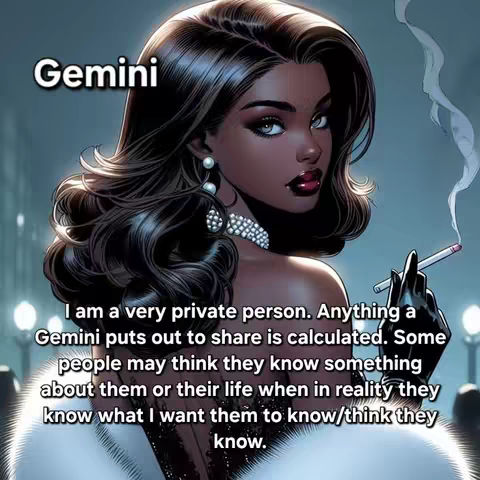 An illustrated woman with dark skin and long black hair is the central focus. She wears a fur-trimmed coat and a diamond choker and earrings, holding a cigarette in her gloved hand. Text overlayed reads "Gemini" in white, stylized font at the top-left. Overlaid text near the bottom details personal traits often associated with Geminis.
