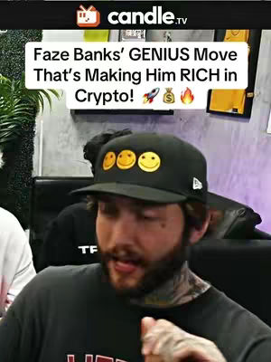 The cover image shows a man in a black cap with three yellow smiley faces, he's wearing a black shirt, and a text overlay provides a hook about cryptocurrency.