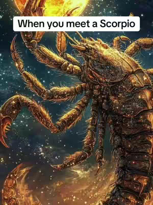 An artistic rendering of a scorpion, the focal point, set against a dark, starry background. The scorpion is detailed with a mix of brown, gold, and orange hues, possibly with glowing elements. Above it, text is added in a white rectangular box. 