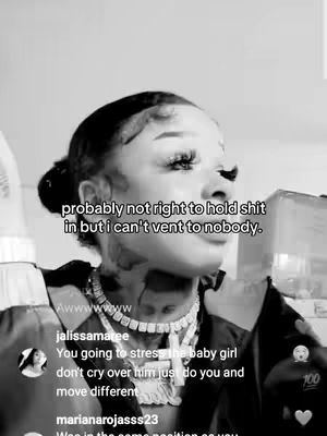 A black-and-white image of a woman, likely Chrisean from the caption, with elaborate eyelashes and a bold makeup look. She's wearing a necklace. The background is blurred, but appears to be indoors. Text overlays the image, seemingly a personal reflection or caption.