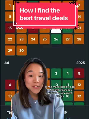 The cover image features a young woman in a selfie-style shot with a calendar grid background and a text overlay highlighting how to find travel deals.