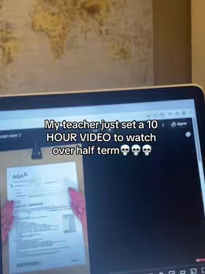 The cover image shows a close-up of a laptop screen displaying what appears to be a document and a web page. The text overlay describes the teacher asking for a 10 hour video to be watched over the half term.