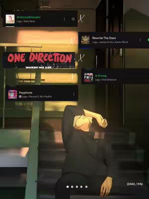 The cover image shows a digitally altered image of an individual seated on a staircase. The person is wearing dark clothing and has their head and arm raised with their hand to their face. Overlayed are rectangular text boxes featuring song titles and artist names. The background suggests an indoor setting with stairs and a partially visible window. The overall aesthetic is moody and stylized with an artistic filter.