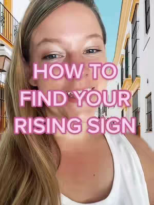 A woman is centered in the frame, with a background of buildings behind her. Overlaid on her image is large, pink text that reads, "HOW TO FIND YOUR RISING SIGN"
