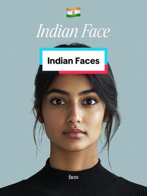 A close-up shot of a woman's face with dark hair and a black top. The background is a solid light blue-gray. Overlayed on the image are text elements including the title, "Indian Face," an emoji of the Indian flag, and a bar with "Indian Faces" in it.