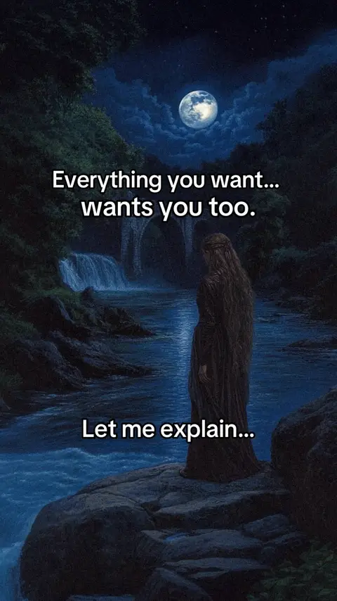 A digital painting depicting a nighttime forest scene with a full moon in the sky. A woman with long hair stands with her back to the viewer, facing a flowing river and a waterfall. Text overlays include inspirational phrases.