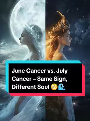 The cover image is divided vertically, with two digitally created women. One side features a woman against a bright moonlit backdrop, with light-colored hair and attire topped with a floral crown. The other side has a woman against a dark backdrop of a night sky, golden hair and headdress. A central text overlay in a colored rectangle reads, 'June Cancer vs. July Cancer – Same Sign, Different Soul' including zodiac sign notations.
