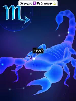 A digital artwork featuring a blue scorpion overlayed on a dark blue and purple background. In the upper left corner, there's a symbol with the Scorpio symbol, and in an upper corner, there's text reading "Scorpio February". The image looks like it's intended for astrological or zodiac-themed content.