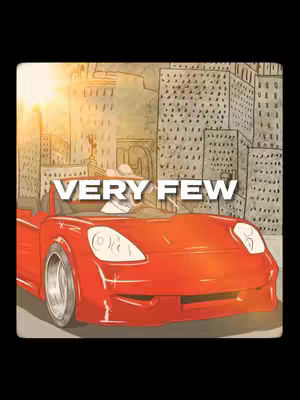 An illustrated image with a red convertible car in the foreground, the text 'VERY FEW' is placed at the top of the car. The car is set against a backdrop of a cityscape. The car is the primary focus, rendered in a cartoonish style with a bold, vibrant red. A light flare effect, suggestive of sunlight, emanates from the upper left, creating a sense of depth and atmosphere.