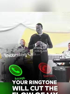 A video clip shows a well-dressed man speaking into a microphone, with an image overlay showing an incoming call screen on a mobile phone, with 'Accept' and 'Decline' buttons and a message at the bottom. The background is a bright, slightly blurry setting with a keyboard on the right side.