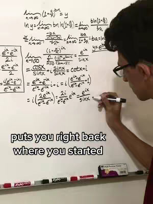 A person is writing mathematical equations on a whiteboard. The equations are written in black marker. The person appears to be a young man, wearing glasses and a dark shirt. The text overlay says "puts you right back where you started".
