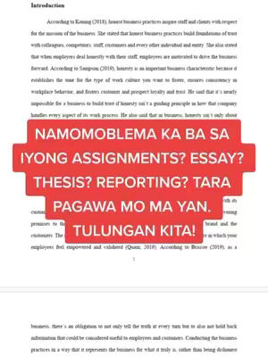 The cover image showcases a document with text from an academic paper. A solid red rectangular overlay with white font is placed over the paper, with the text "NAMOMOBLEMA KA BA SA IYONG ASSIGNMENTS? ESSAY? THESIS? REPORTING? TARA PAGAWA MO MA YAN. TULUNGAN KITA!".