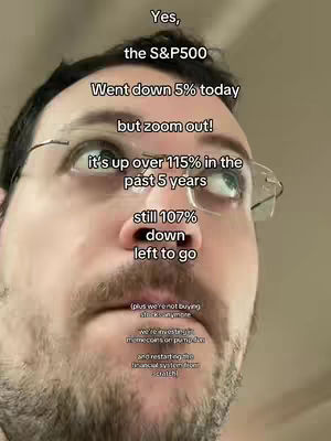 A close-up shot of a man's face from below, with a slightly upward angled perspective. He appears to be looking up and slightly off to the side, with his eyes prominently in view. The background is of a plain off-white color. Overlayed on the image are several lines of white text, presenting financial information in a meme-like format.
