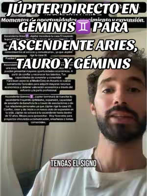 A man with a beard and a white t-shirt is in the frame, with overlaying texts with astrological context. The background is neutral, the composition is centered, drawing attention to the man and the astrological content
