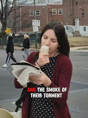 A woman holds a microphone and a stack of papers while standing on a street corner. Text is overlaid in red at the bottom of the image.