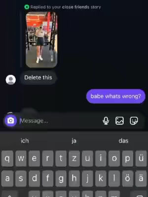 The image shows a text conversation on a black background, with a cropped video in the top left of a person working out. The main text is shown with a keyboard at the bottom of the screen.