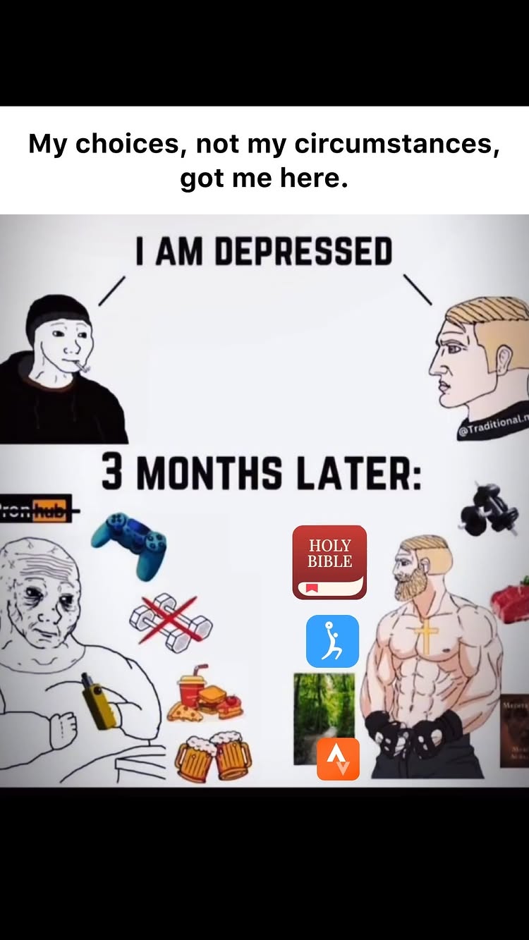 A meme-style image contrasting a depressed individual with a more positive, muscular version of the same person. Text overlays provide context.