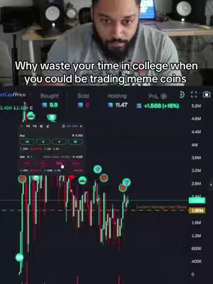 A man in a grey t-shirt sits in front of a computer screen displaying a stock trading interface. The screen is the focal point, showing real-time data and trading charts superimposed over an image of the creator.