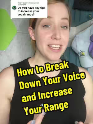 A woman is centered and smiling to the camera. Overlaid in yellow letters is the hook: "How to Break Down Your Voice and Increase Your Range", over her black tank top, and to her right a green sticky note with white text bubbles is visible. The background has a green and blue color, suggesting a bathroom setting.