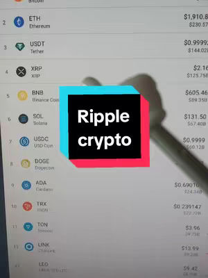 A screenshot of what appears to be a list of cryptocurrencies and their values. A colorful rectangular overlay with the text "Ripple crypto" on it covers a portion of the display.