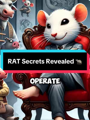The cover image is a digitally created scene featuring a cartoonish, anthropomorphic white mouse in a suit, seated in a red armchair. The mouse has large black eyes and a friendly smile, with large pink ears. The background appears to be a room with other cartoon animals, including a cow, pig, and smaller mice, all illustrated in a similar style. The layout includes text over a colored block at the bottom, reading 'RAT Secrets Revealed' and 'OPERATE' in white.