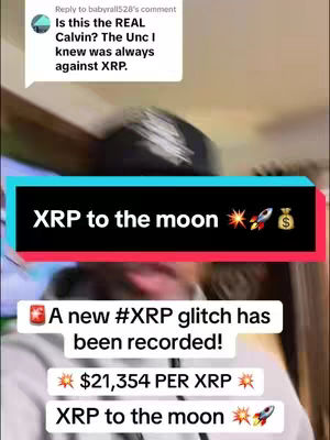 The cover image features a selfie-style video, possibly from a mobile device. Overlay text includes phrases like "XRP to the moon" and a price quote for XRP. Visual elements include a person, along with graphic elements like a rocket ship and a money bag. The overall composition leans toward a promotional style, possibly for cryptocurrency.