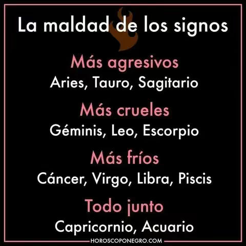 The cover image presents a list of zodiac signs categorized by negative traits such as 'Más agresivos', 'Más crueles', and 'Más fríos'. The text is arranged on a black background in a bold white font, a fiery graphic at the top, and highlighted in pink, with the website at the bottom.