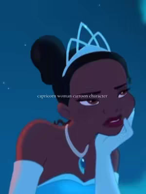The image is a cartoon featuring a Black woman, styled as a princess, resting her chin on her hand with a thoughtful expression. She wears a blue dress, a tiara, and a necklace. The background is a dark, blurry blue. Text at the bottom reads 'capricorn woman cartoon character'.