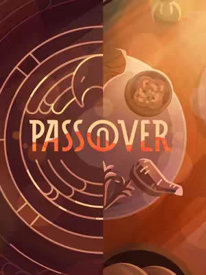 The cover image is split vertically. The left side features a dark, stylized design of a plate or bowl with a circular pattern. In the center is the word "PASS@OVER" in large, orange and white block letters. The right side is more naturalistic, showing a plate with unleavened bread and herbs, with side dishes. The overall color palette leans towards warm tones like browns, oranges, and yellows, suggesting a connection to food and a religious observance.