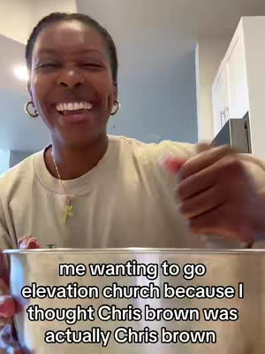 The image shows a smiling Black woman in a kitchen setting. She looks directly at the camera with a wide smile, and has her hands near a silver bowl, possibly mixing something. Overlayed on the image is text describing why she went to Elevation Church.
