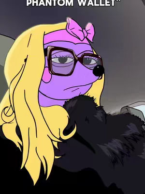 An animated character with a purple face, wearing glasses and a pink bow. The character is styled to resemble a glamorous individual. The background is blurred, suggesting a professional or stylish setting.