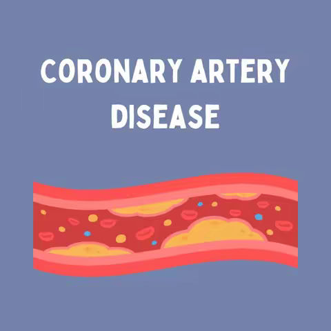 The image features a diagram of a blood vessel. The background is a solid muted blue. At the top, in large white sans-serif font, is the text "CORONARY ARTERY" on the first line and "DISEASE" on the second. Below this is a cross-section of a blood vessel, depicted as a red tube with yellow and orange deposits indicating plaque buildup. Inside the vessel, there are scattered red blood cells, yellow deposits, and a few blue particles.
