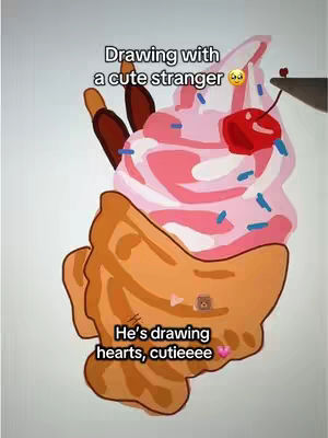 The image features a digital illustration of a dessert, possibly an ice cream sundae or a related treat. The design has a cartoonish style, with a waffle cone base and a topping that looks like whipped cream with pink swirls. There are also some chocolate-covered wafers and a cherry on top. Text overlays are present, with phrases like "Drawing with a cute stranger" and "He's drawing hearts, cutieeee".