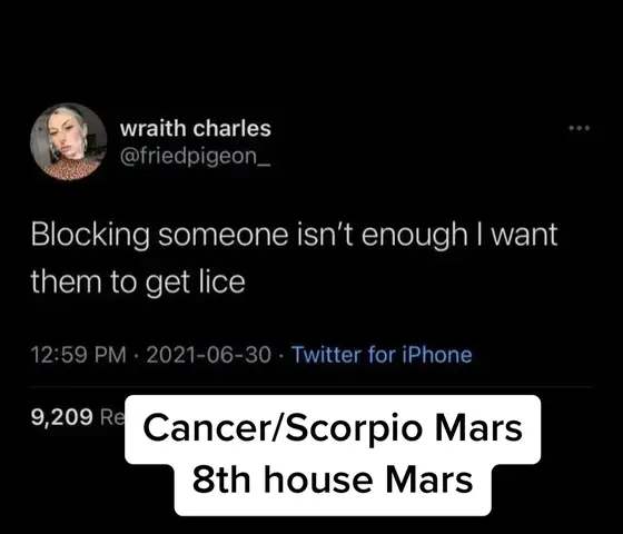 The cover image is a screenshot of a tweet with a black background. The top part contains the user’s profile photo and name. The middle part shows the tweet text, "Blocking someone isn't enough I want them to get lice". At the bottom, a white box with black text overlays the image stating Cancer/Scorpio Mars and 8th house Mars.