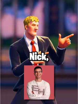 The cover image is composed of two main elements.  The upper portion features a cartoon character of a man in a black suit, purple shirt, and a red tie, with blond hair. He is gesturing with his right hand pointing to the corner. Behind him is a blurry background, likely a cityscape. In the lower center is a rectangular frame containing a portrait of a man wearing glasses and a white t-shirt. The background of that frame is red. The top portion of the cover image has white text on a black background with the name Nick, in bold.
